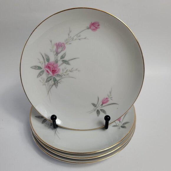 FOUR Fine China of Japan Golden Rose Bread Plates Pink Roses Gray Leaves - Picture 1 of 15